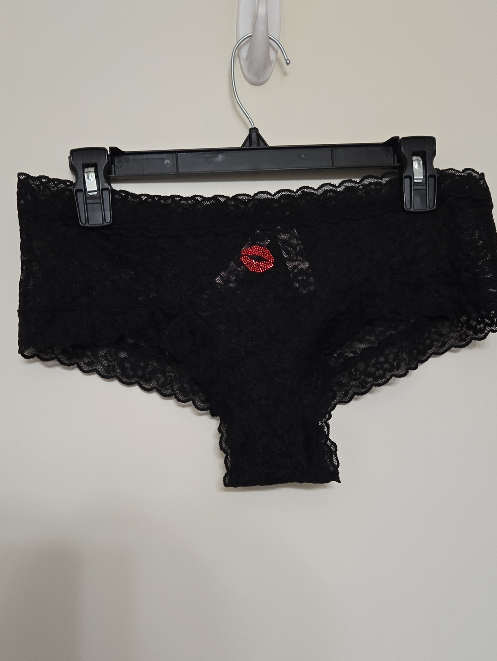 Victoria's Secret Black Lace Hipster Panty with Red Lip Accent